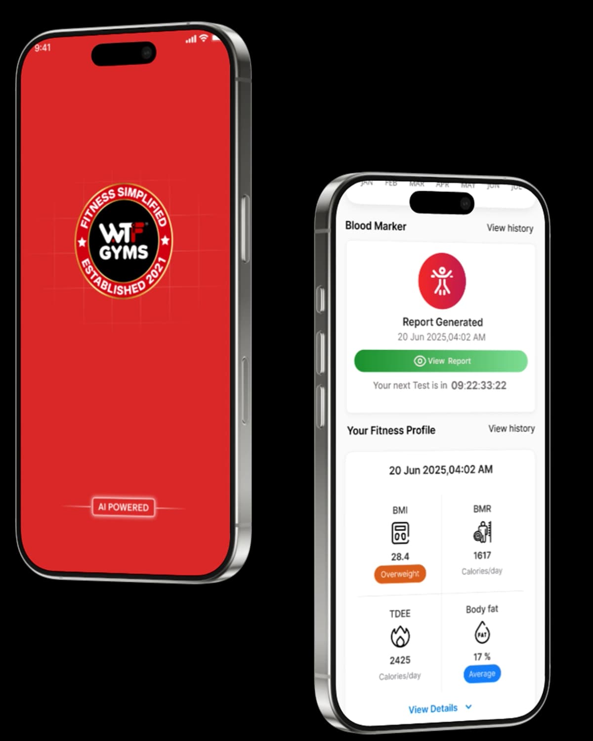 WTF App showing health data and reports