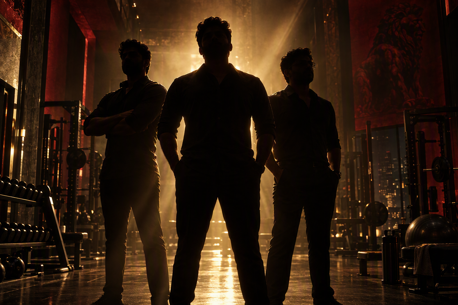 Three silhouetted figures in a WTF training hall under a golden backlight — an illustration of the builders of WTF until real portraits ship