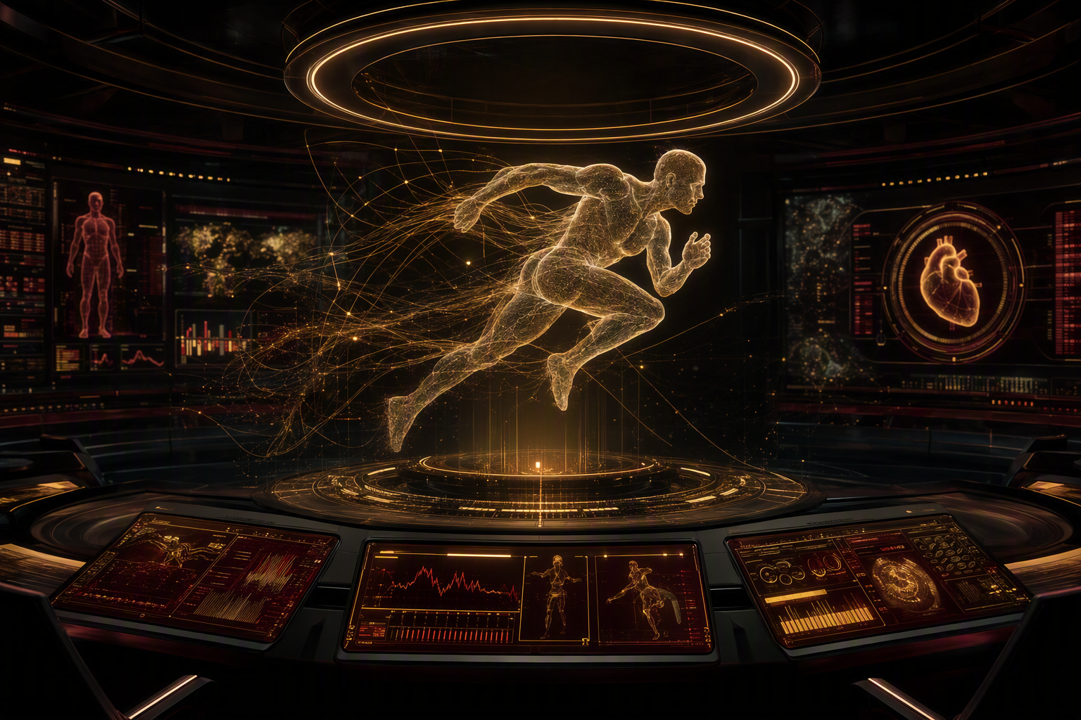 WTF AI Labs — film still: a golden holographic sprinter striding above a glowing data platform in a dark control room